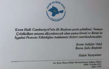 Kırım Gelişim Vakfı Bursa Şubesi, Numan Çelebicihan'ı anma ve Kırım'ın işgalini protesto etkinliği düzenleyecek