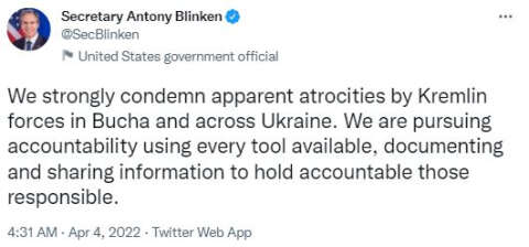 ABD Dışişleri Bakanı Antony Blinken: Buça’da ve Ukrayna genelinde Kremlin güçlerinin vahşetini kınıyoruz
